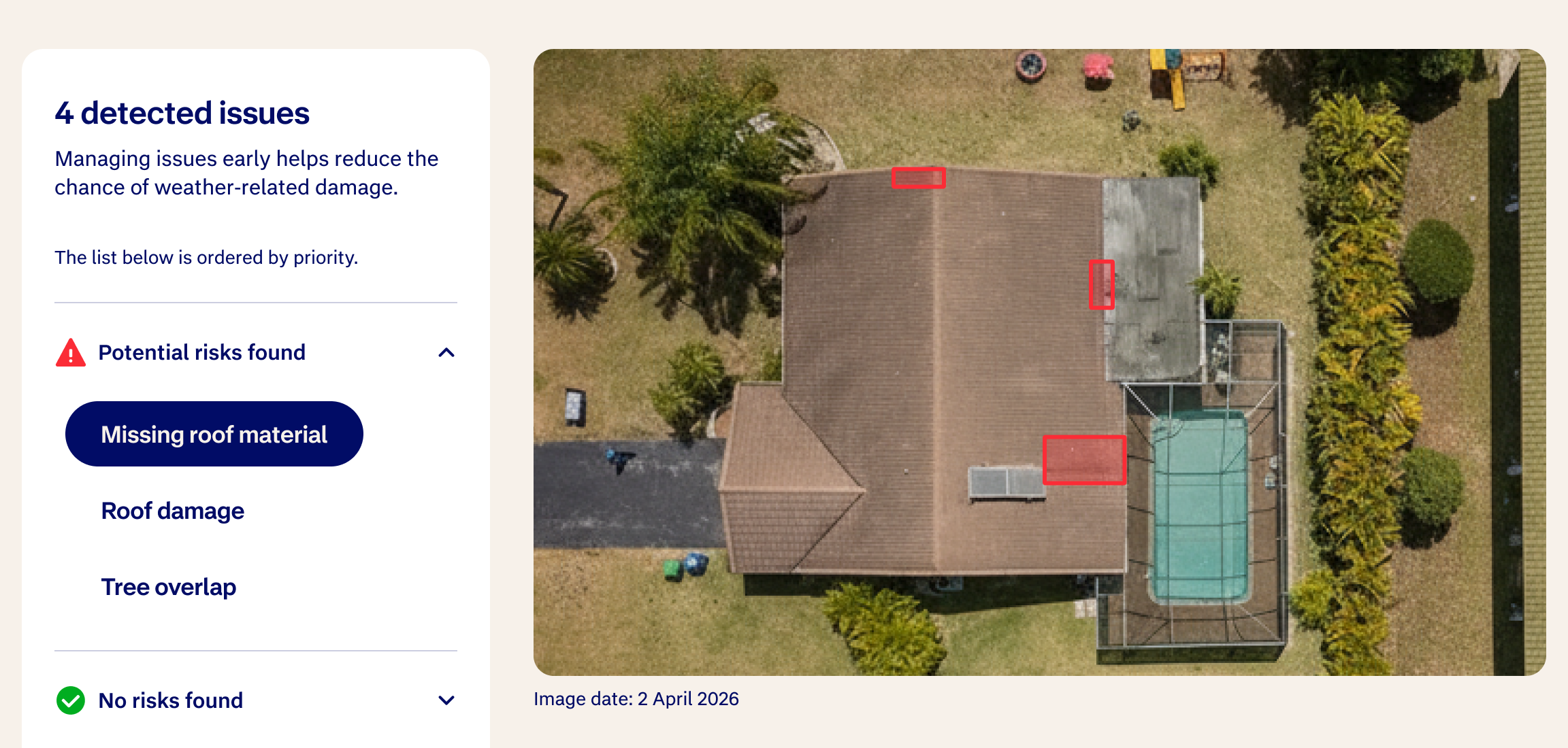Detected property issues and aerial evidence