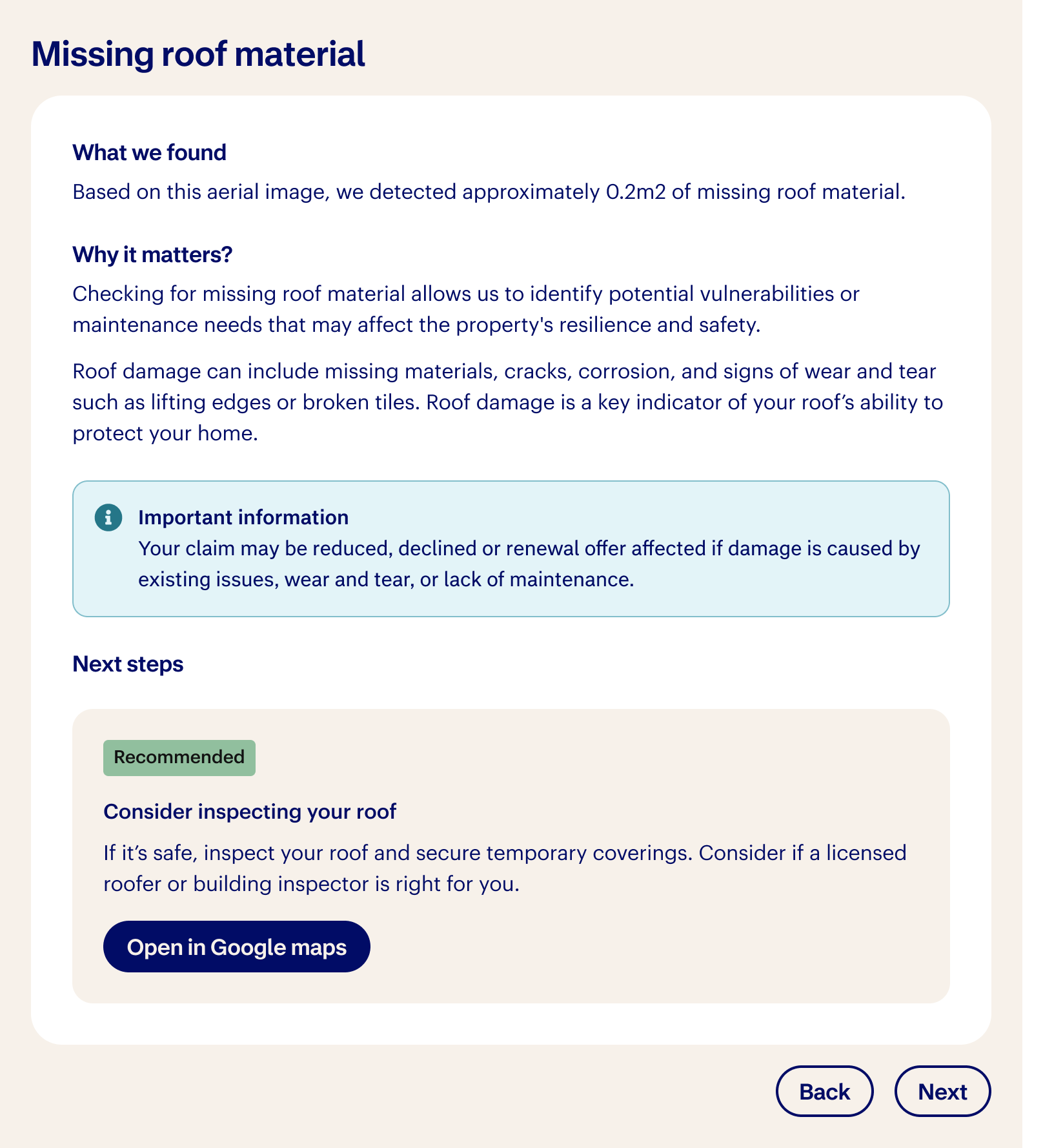 Missing roof material finding with customer guidance and recommended next steps
